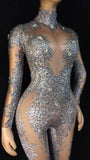 Rhinestones Sparkly Jumpsuit Fashion Sexy Nude Big Stretch Dance Costume One-piece Bodysuit Birthday Outfit Party Leggings