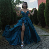 Elegant Turquoise V-Neck Satin Ruffles A-Line Prom Dress Hot Sale Spagetti Straps Long Evening Dress Plus Size Party Dress