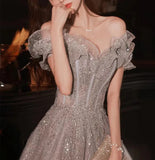 Elegant Gray Flowers Evening dress Off Shoulder Shiny Sequin Lace A-line Ruched Lace up Woman Formal Party Prom Gowns 2024 New