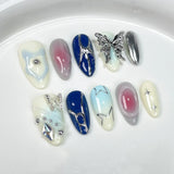 10Pcs Pink Almond Handmade Press on Nails Bow Fake Nails with Rhinestone Decoration Wearable Stick-on Nails False Nail 네일팁