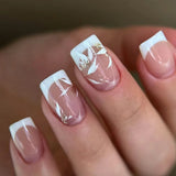 24Pcs Simple Square Head Fake Nail with Jelly Glue Pink White Gradient French Press on False Nails Short Full Cover Nail Tips