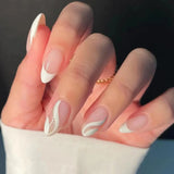24Pcs Mid-length French Fake Nail with Silver Edge Design Round Head Almond False Nail Wearable Simple Finished Press on Nails