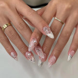 24Pcs Simple French Nails Art Tips Fake Nails 3D Design Wearable Full Cover False Nail Mid-length Almond Reusable Press on Nails