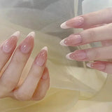 24Pcs Short Press on Nails with Almond Head Full Cover Silver Edge False Nails Nude Pink Glossy Artificial Nails for Girls Daily