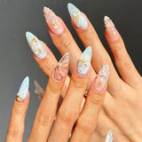 24Pcs Flora Almond Press on Nails with Glue Mori Girl Nail Art Ballet Rural Style Full Cover Wearable Acrylic Nail Manicure Tips