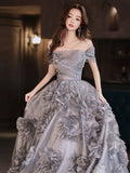Grey Evening Dresses Flowers A-Line Off The Shoulder High-end Beading Long Wedding Bridesmaid Prom Dresses New 2024