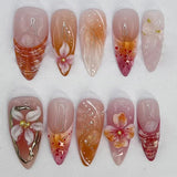 24Pcs Flora Almond Press on Nails with Glue Mori Girl Nail Art Ballet Rural Style Full Cover Wearable Acrylic Nail Manicure Tips