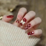 24Pcs Wearable Coffin Fake Nail Tips with Butterfly Camellia Designs Red Long Ballerina False Nails Press on Nails Art Manicure