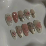 24Pcs Pink Almond False Nails Butterfly Ballet with French Design Wearable Fake Nails Simple Artificial Press on Nails Tips Art