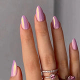 24Pcs Mid-length French Fake Nail with Silver Edge Design Round Head Almond False Nail Wearable Simple Finished Press on Nails