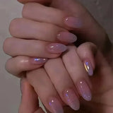 24Pcs Short Press on Nails with Almond Head Full Cover Silver Edge False Nails Nude Pink Glossy Artificial Nails for Girls Daily