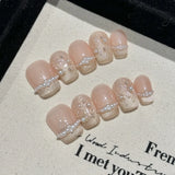 10Pcs Crystals Cat Eyes Handmade Press On Nails with Butterfly Peal Design False Nail Full Cover French Balle Wearable Nail Tips
