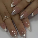 24Pcs Simple French Nails Art Tips Fake Nails 3D Design Wearable Full Cover False Nail Mid-length Almond Reusable Press on Nails