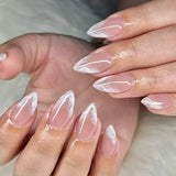 24Pcs Short Press on Nails with Almond Head Full Cover Silver Edge False Nails Nude Pink Glossy Artificial Nails for Girls Daily