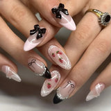 24Pcs Cat Eye Press on Nails with Almond Head Bow Diamond Stick on False Nail Sweet Pink French Full Cover Artificial Nails Tips