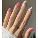 24Pcs Mid-length French Fake Nail with Silver Edge Design Round Head Almond False Nail Wearable Simple Finished Press on Nails