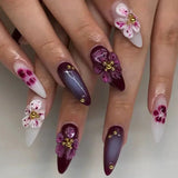 24Pcs Purple Almond False Nails with 3D Flower French Design Press on Nails Wearable Fake Nails Ballet Full Cover Nail Tips