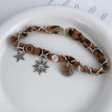 Y2K Brown Opal Sun Pendant Necklace for Men Women Hip Hop Crystal Cross Leather Patchwork Necklace Grunge Party Jewelry