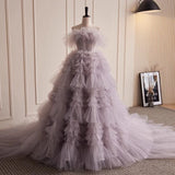 Purple Gray Strapless Prom Dresses Long Tiered Puffy Fairy Princess Strapless Lavender Woman Evening Prom Party Celebrity Gowns