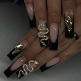 24Pcs White French False Nails Long Coffin Flower Butterfly with Rhinestones French Design Wearable Fake Nails Press on Nails