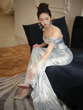 Silvery Prom Dresses Tassel Sequins Mermaid Beading Off Shoulder Ribbon Sleeveless Woman Evening Long Ball Celebrity Gowns 2024