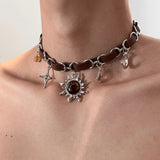 Punk Charm Aesthetic Crystal Sun Pendant Necklace Leather Korean Fashion Cross Choker Vintage Accessories Necklace Women Jewelry