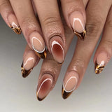 24Pcs Simple French Nails Art Tips Fake Nails 3D Design Wearable Full Cover False Nail Mid-length Almond Reusable Press on Nails