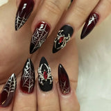 24Pcs Short Almond Red White Gradient False Nails with Spider Design Wearable Oval Fake Nails Detachable Press on Nails Manicure