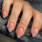 24Pcs Short Press on Nails with Almond Head Full Cover Silver Edge False Nails Nude Pink Glossy Artificial Nails for Girls Daily