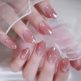 24Pcs Mid-length French Fake Nail with Silver Edge Design Round Head Almond False Nail Wearable Simple Finished Press on Nails