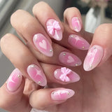 24Pcs Cat Eye Press on Nails with Almond Head Bow Diamond Stick on False Nail Sweet Pink French Full Cover Artificial Nails Tips