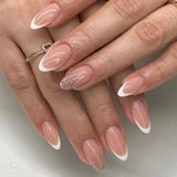24Pcs Short Press on Nails with Almond Head Full Cover Silver Edge False Nails Nude Pink Glossy Artificial Nails for Girls Daily