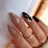 24Pcs Simple Almond Fake Nails with Green Leaves Design Elliptic Acrylic False Nails Wearable French Press on Nail Manicure Tips