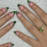 24Pcs Mid-length French Fake Nail with Silver Edge Design Round Head Almond False Nail Wearable Simple Finished Press on Nails