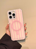 3D Cute Pink Stripes Magnetic Grip Tok Phone Case for IPhone 16 15 14 13 Pro Max Wireless Charge Magsafe Stand Holder Girl Cover