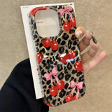 Luxury Cute Pink Bowknot Leopard Cherry Phone Case For iPhone 16 Pro Max Case iPhone 15 14 13 12 11 XS X XR 7 8 Plus Laser Cover