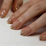 24Pcs Short Press on Nails with Almond Head Full Cover Silver Edge False Nails Nude Pink Glossy Artificial Nails for Girls Daily
