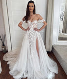 Bohemian Wedding Dress Off The Shoulder A-Line Bridal Gowns Lace Appliques Custom Made Tulle Backless Robe De Mariee Sweep Train