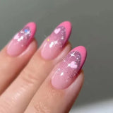 24Pcs Short Press on Nails with Almond Head Full Cover Silver Edge False Nails Nude Pink Glossy Artificial Nails for Girls Daily