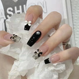 24Pcs False Nails French Gradient Ballet Fake Nails Press on Nails Black Heart Rhinestone Design Glitter Full Cover Nail Tips