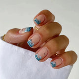 24Pcs Short Artificial False Nails with Glue Blue Sea Wave Designs Fake Nails Press on Wearable Square French Manicure Tips