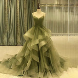 Spaghetti Strap Long Party Dress V Neck Vintage Night Dress Tulle Green Tiered A Line Celebrity Dress for Woman Customized