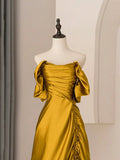 Elegant Pleated Design Vintage Gold A-line Prom Dress Off Shoulder Evening Party Gown with Ruffles for Women Vestidos De Festa