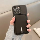 Liquid Silicone Slide Wallet Card Holder Slot Case For iPhone 13 11 12 14 15 16 Pro Max XS XR 14 Plus Lens Protector Cover Coque