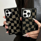 Rectangular Edge Black Twisted Chessboard Phone Case For iPhone 16 15 13 14 12 Pro Max Transparent Hard TPU Back Cover