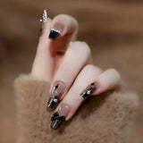 24Pcs Glitter Full Cover Nail Tips Long Ballet False Nails with Rhinestones Black Love Design Fake Nail Wearable Press on Nails