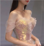 Women's Off Shoulder Evening Party Dress Mesh Glitter Banquet Gowns Mermaid Long Dresses
