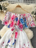 2024 Summer Gorgeous Flower Chiffon Holiday Dress Women's Sexy Off The Shoulder Flower Print Elastic Waist Pleated Maxi Robe