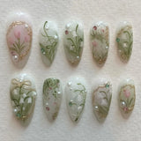 24Pcs Simple Almond Fake Nails with Green Leaves Design Elliptic Acrylic False Nails Wearable French Press on Nail Manicure Tips