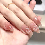 24Pcs Almond Press on Fake Nails Long French False Nails with Pink Bow Wearable Flower Design Oval Manicure Full Cover Nail Tips